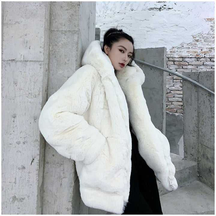 Loose faux fur coat with hood for women