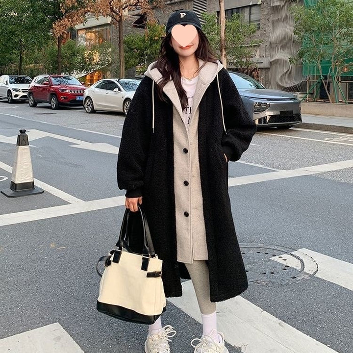 Long lamb fleece coat with hood and tie belt