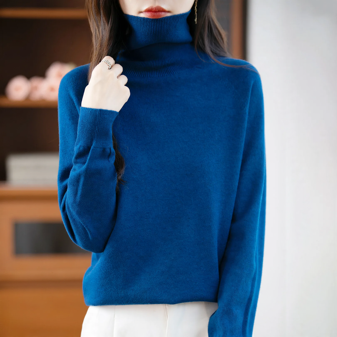 Ladies knit sweater with high collar, loose