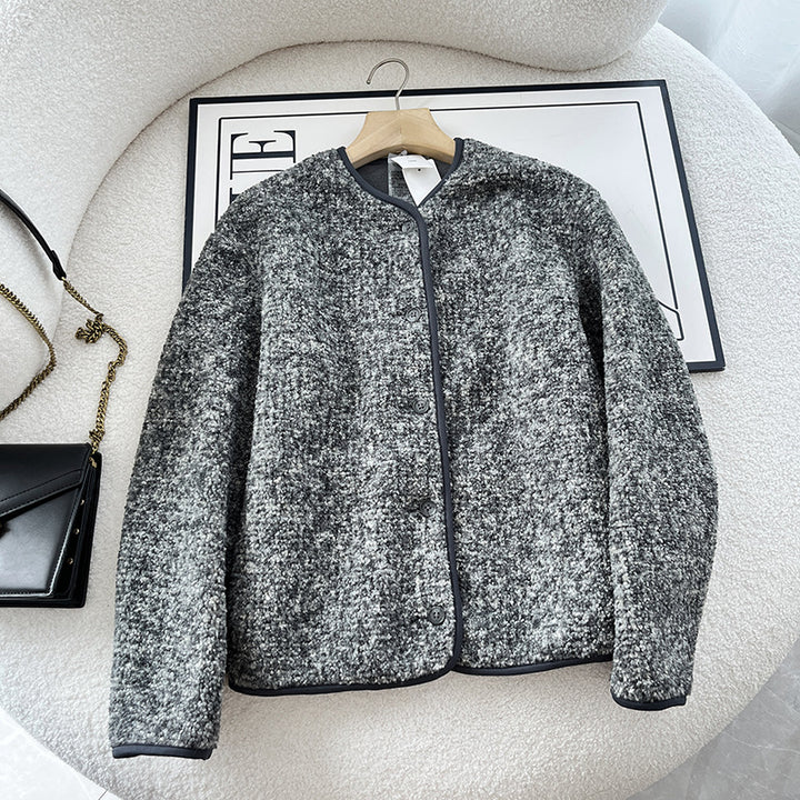 Warm lamb fleece cardigan with round neck for women