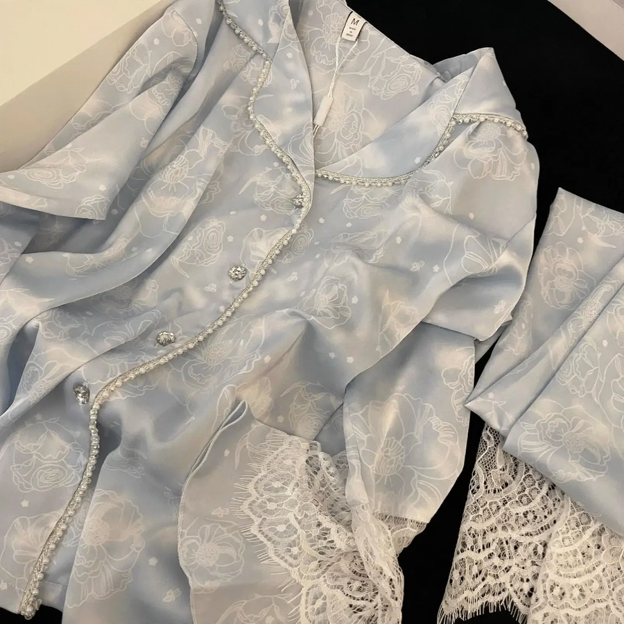 Women's Pajama Set made of Ice Silk with Pearl Detail