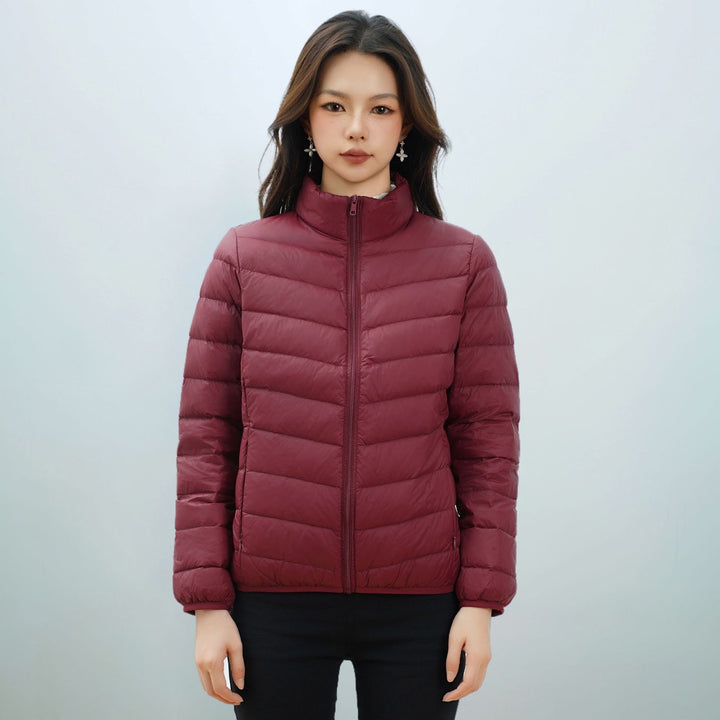 Light women's down jacket with stand-up collar