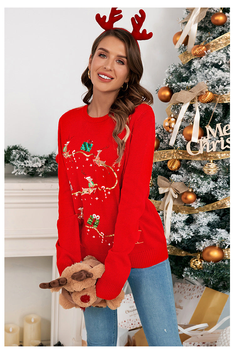 Christmas sweater for women, loose knit with animal motif