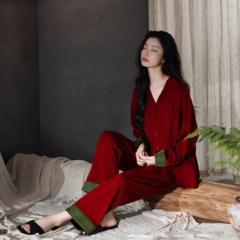 Cotton pajama set with button placket, long sleeves
