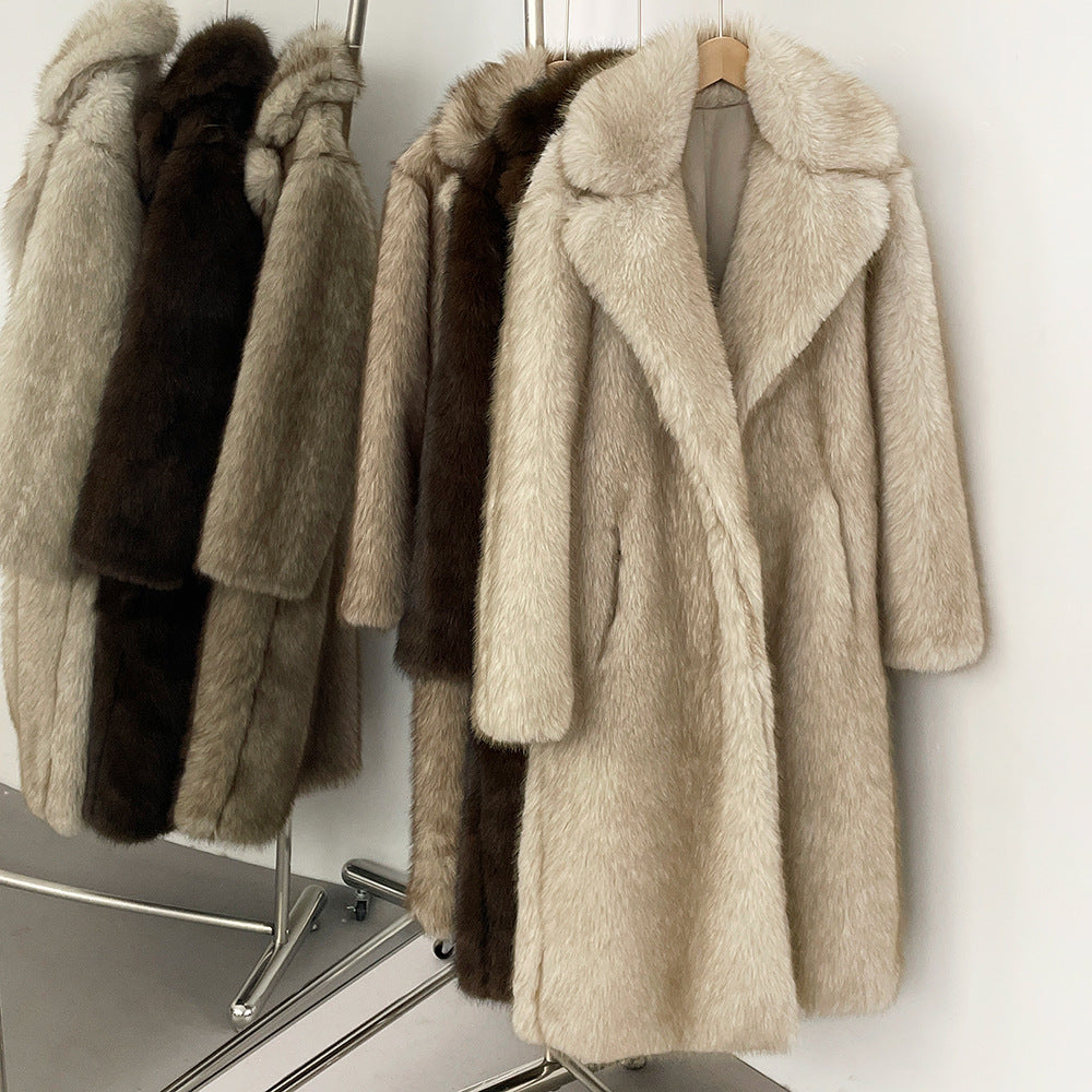 Elegant faux fur coat with lapel collar