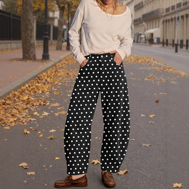 Cord pants with elastic waistband and polka dot pattern
