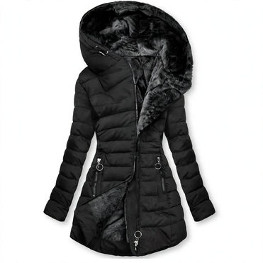 Women's quilted coat, tailored, with hood, medium length