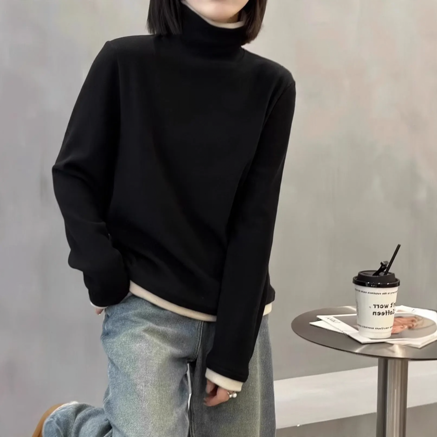 Women's long-sleeve shirt with stand-up collar and fake-layer look
