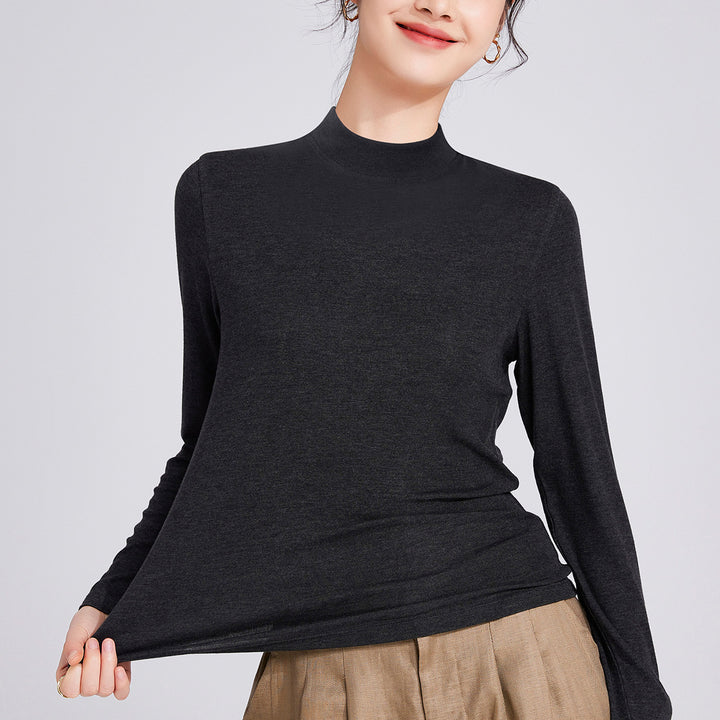 Women’s long-sleeve shirt made of wool blend with stand-up collar