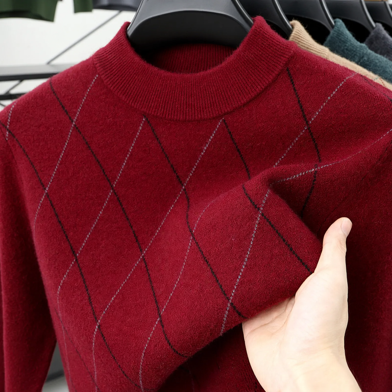 Men's wool sweater, checkered, stand collar, extra warm