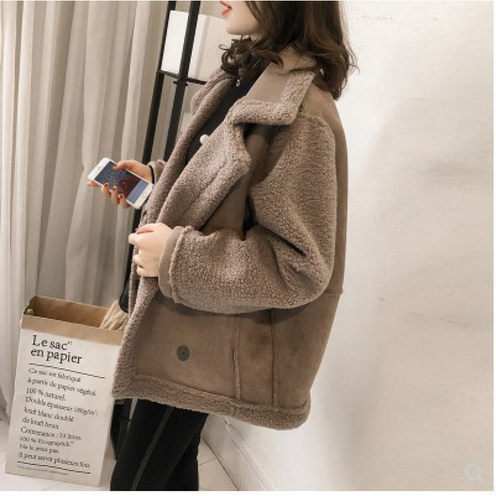 Casual biker jacket made of suede imitation with lamb fleece