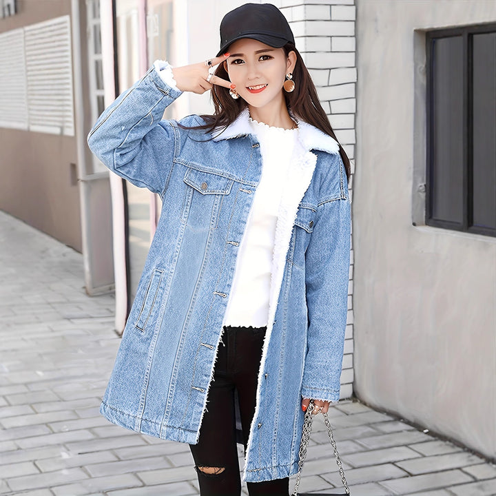 Padded denim jacket with lambskin look, mid-length