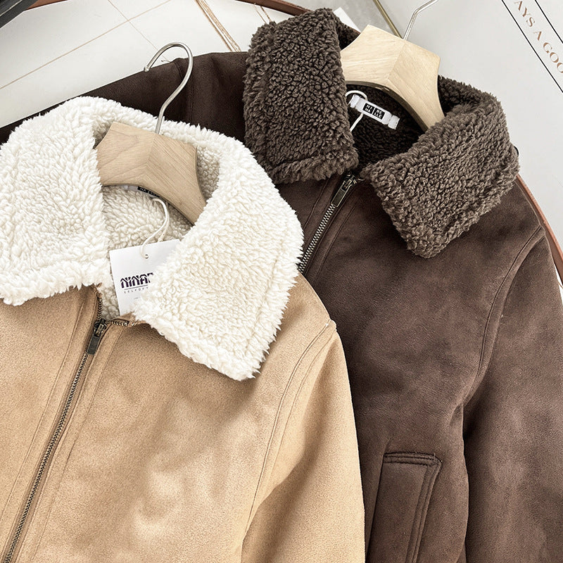 Women's suede imitation jacket with lambskin look and lapels