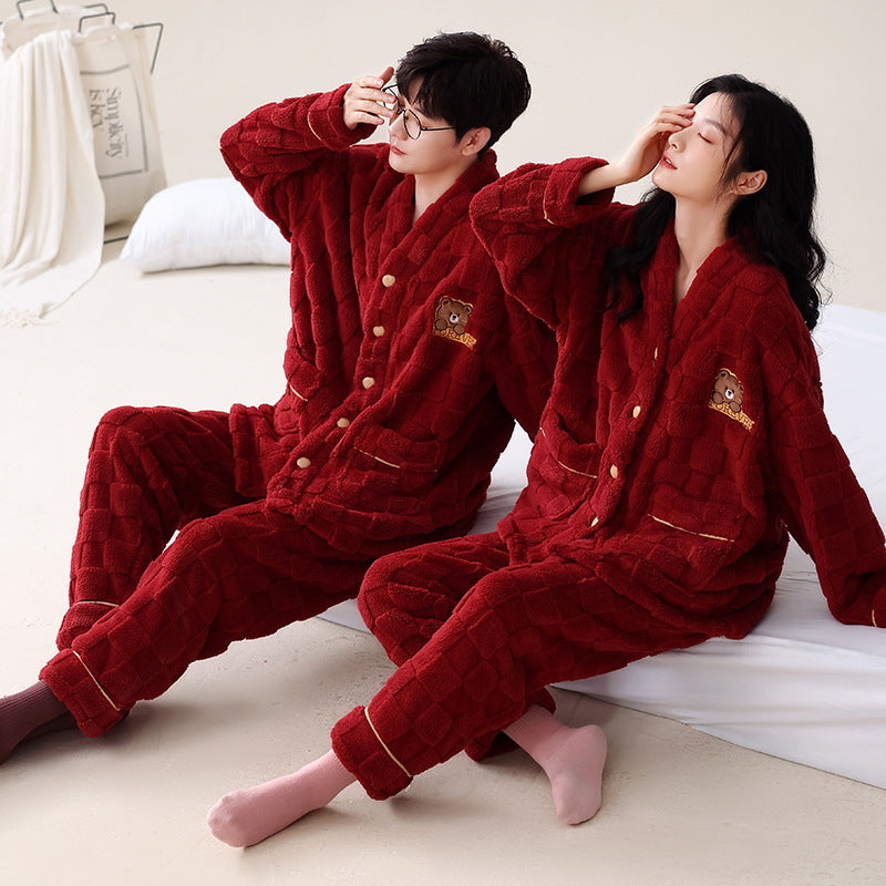 Pair-house suit made of coral fleece, V-neck, long sleeve