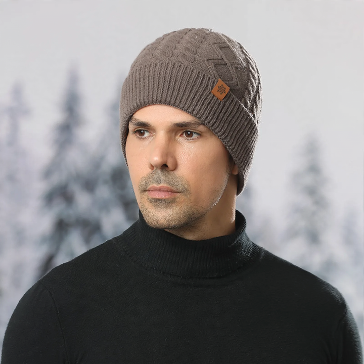 Knit set for men: beanie, scarf, and gloves