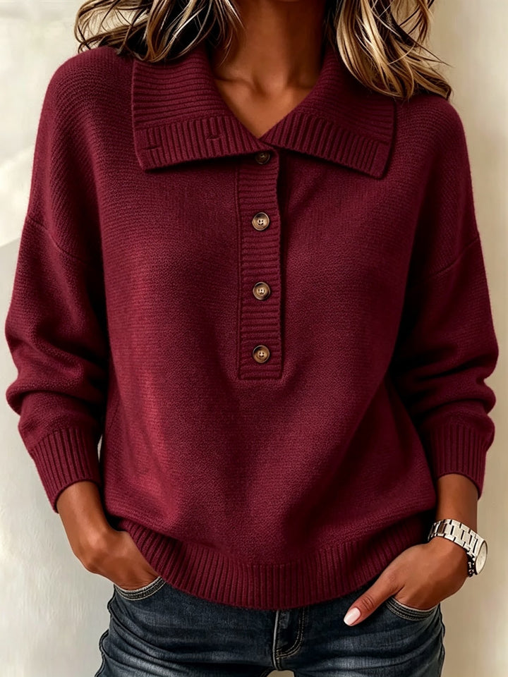 Women's knit sweater with button placket and stand-up collar
