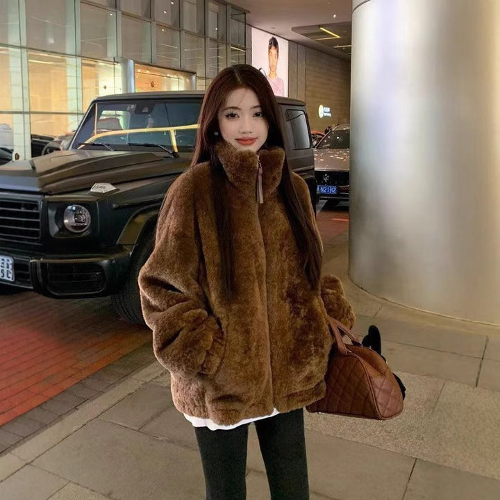 Casual lambskin imitation jacket with stand-up collar