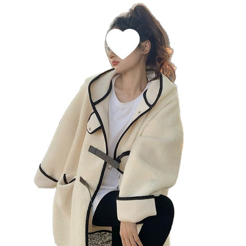 Lammfleece imitation coat with hood, mid-length