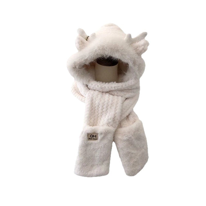 Women's Winter Set: Plush Hooded Hat with Scarf and Gloves