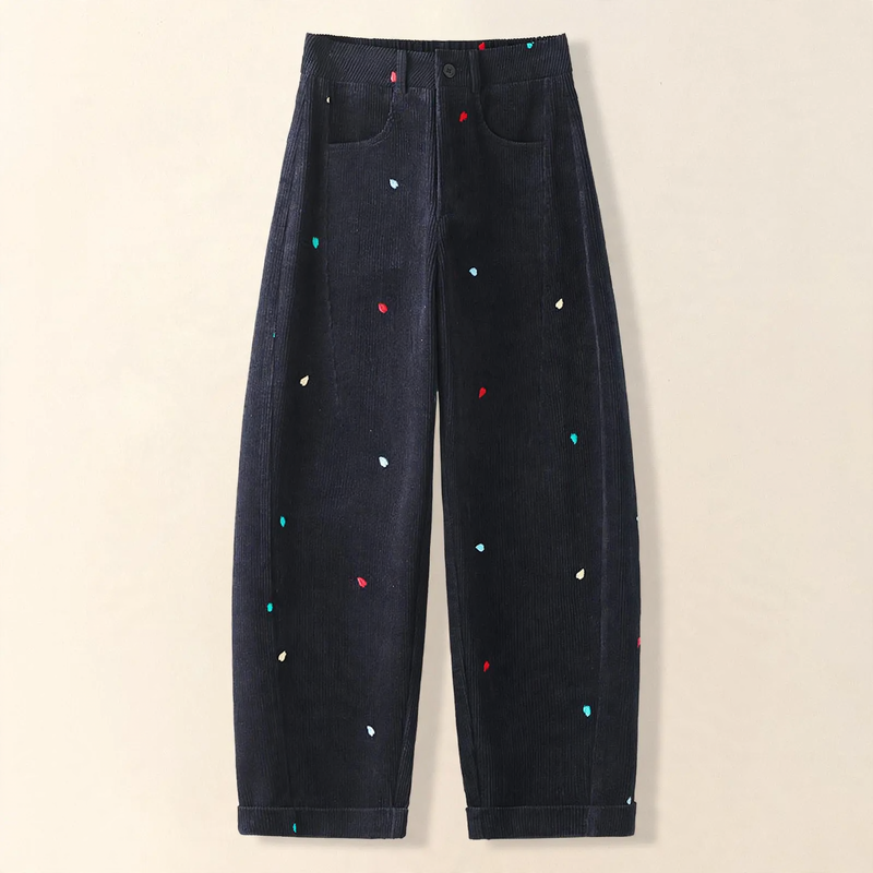 Women's corduroy pants, high-waisted, embroidered
