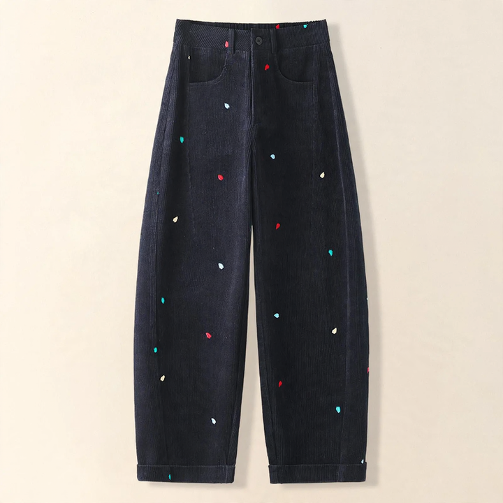 Women's corduroy pants, high-waisted, embroidered