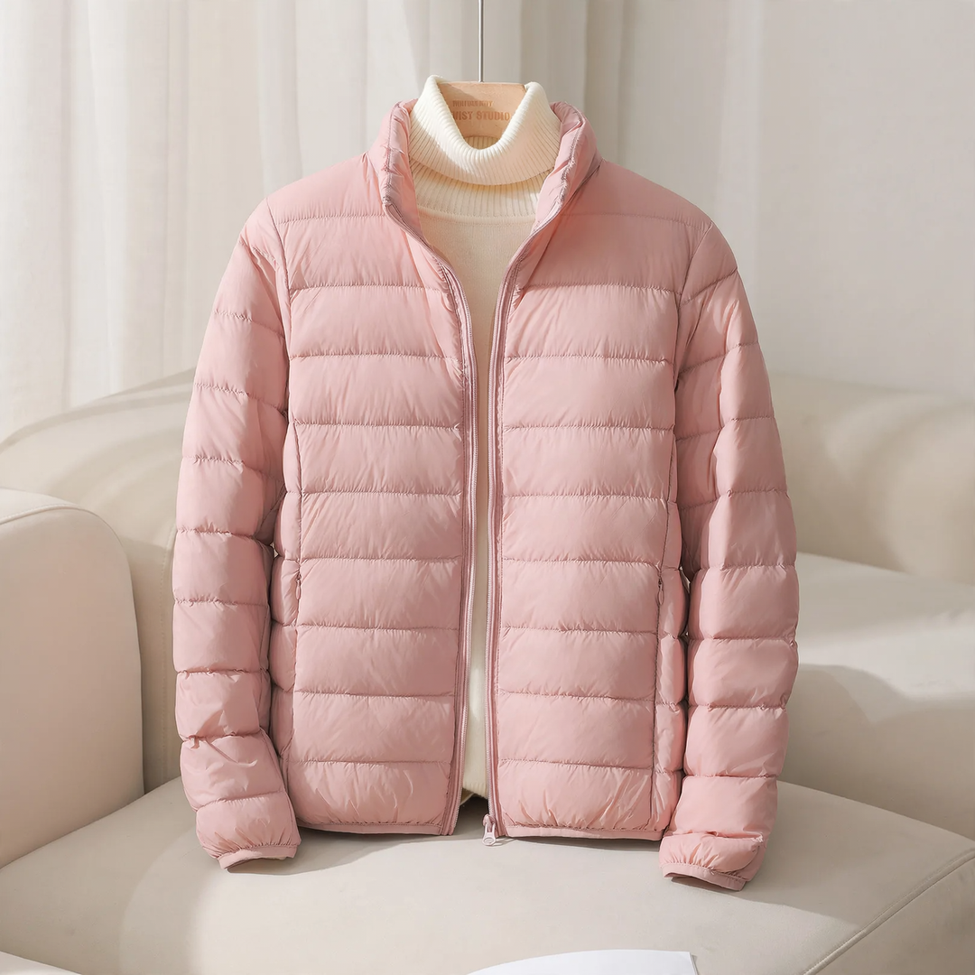Short, lightweight women's down jacket, stand-up collar