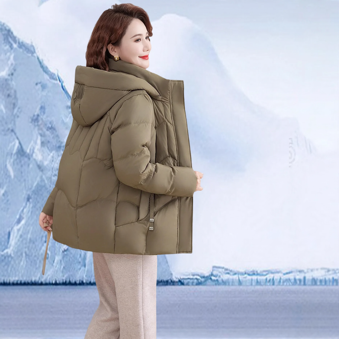 Short women's down jacket with goose down