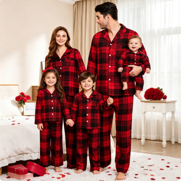 Luxurious family pajama set with check pattern