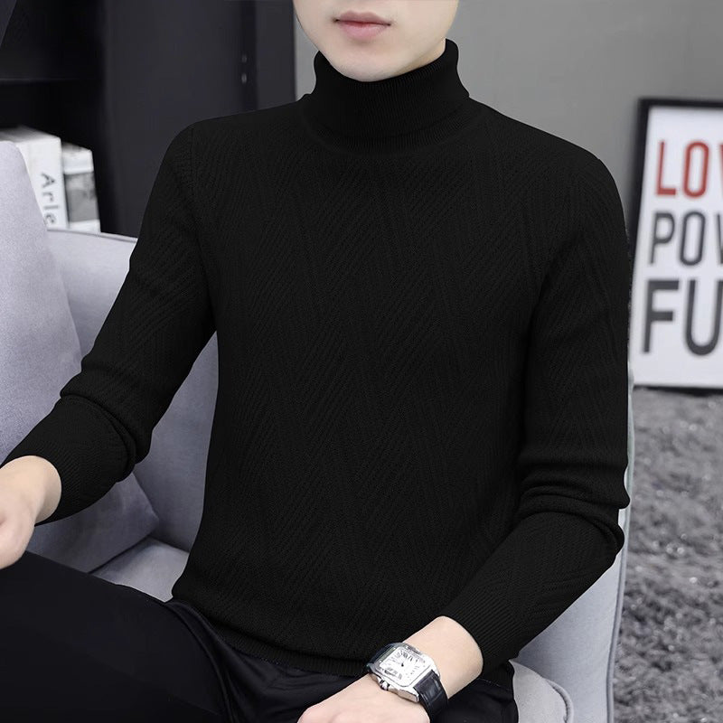 Men's knit pullover with cable pattern and turtleneck