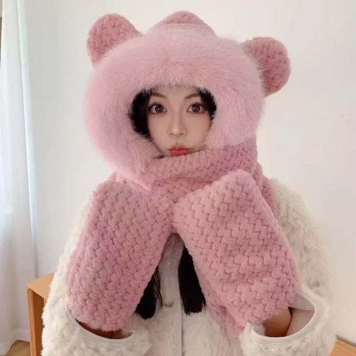 Women's plush hat with bear ears and scarf set
