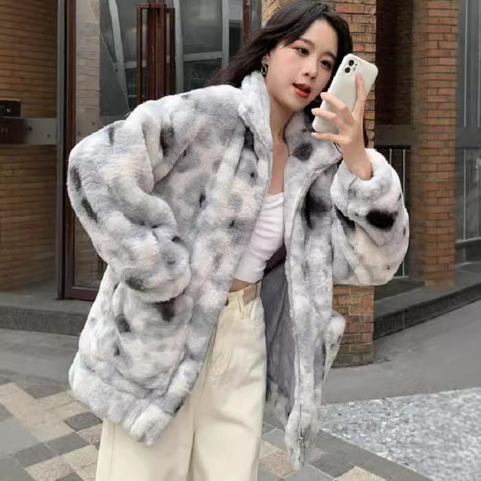 Padded lamb fleece imitation jacket, abstract design
