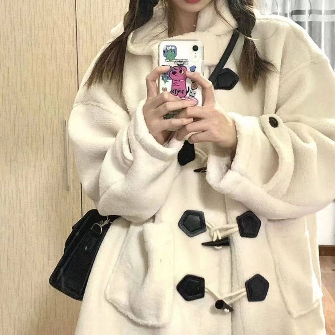 Sheepskin imitation coat with toggle buttons for women