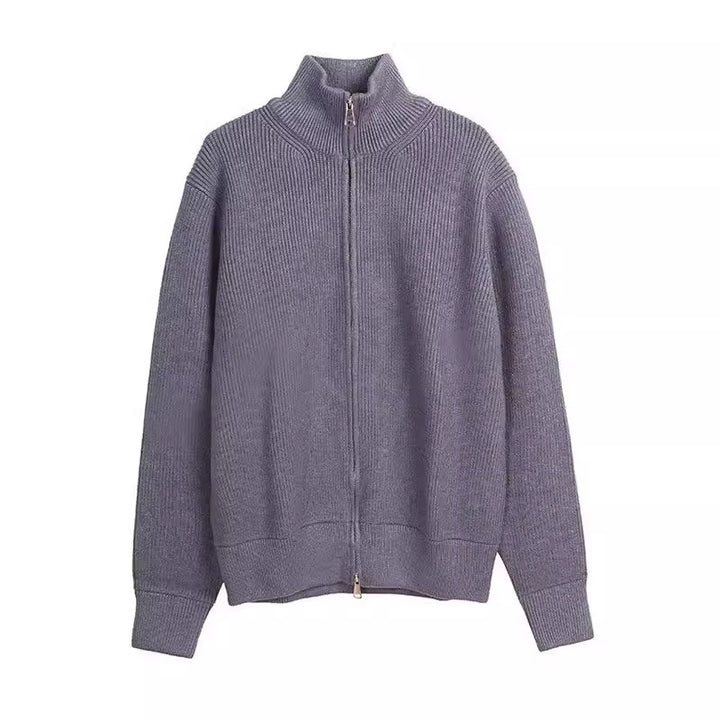 Loose women's knit sweater with zipper and stand-up collar