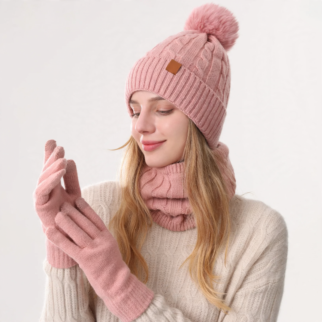 Winter set consisting of knitted hat, scarf, and gloves
