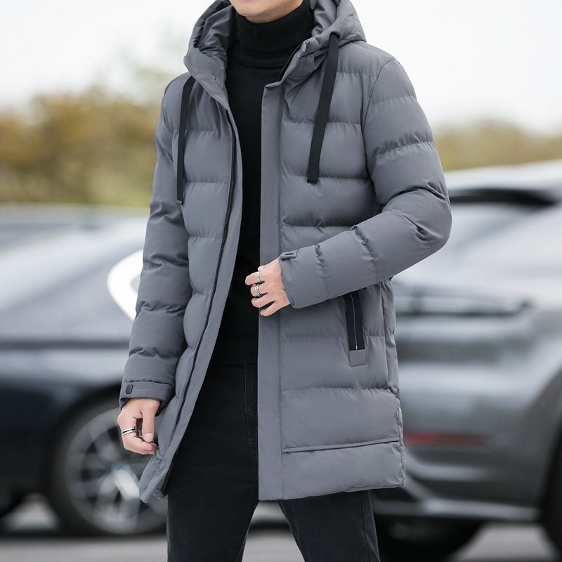 Men's winter coat, mid-length, with hood and down filling