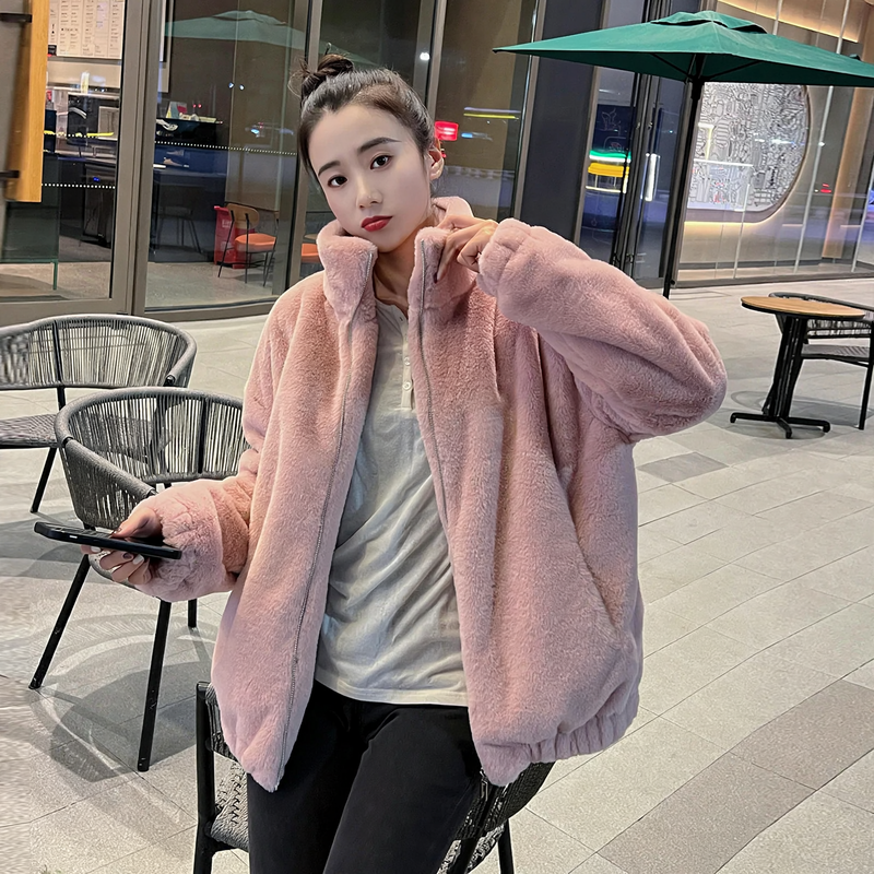 Loosely cut lambskin look jacket