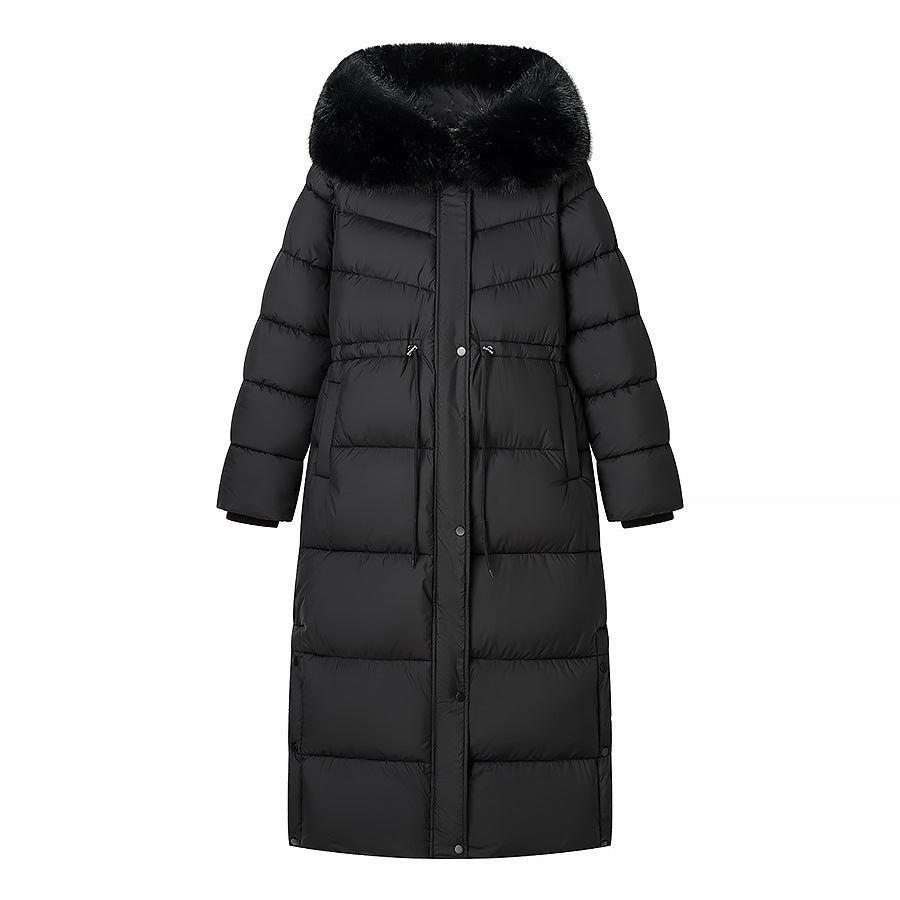 Long women's padded jacket with hood and faux fur trim