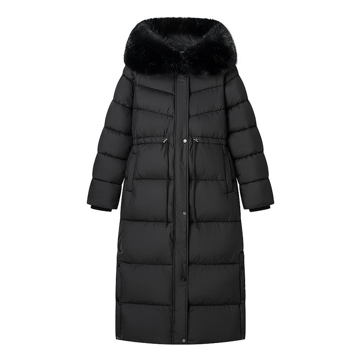 Long women's padded jacket with hood and faux fur trim