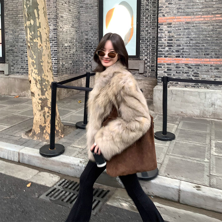 Fluffy jacket with stand-up collar