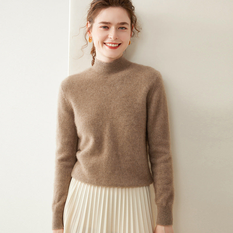 Women's cashmere sweater, semi-high collar, two-ply, loose