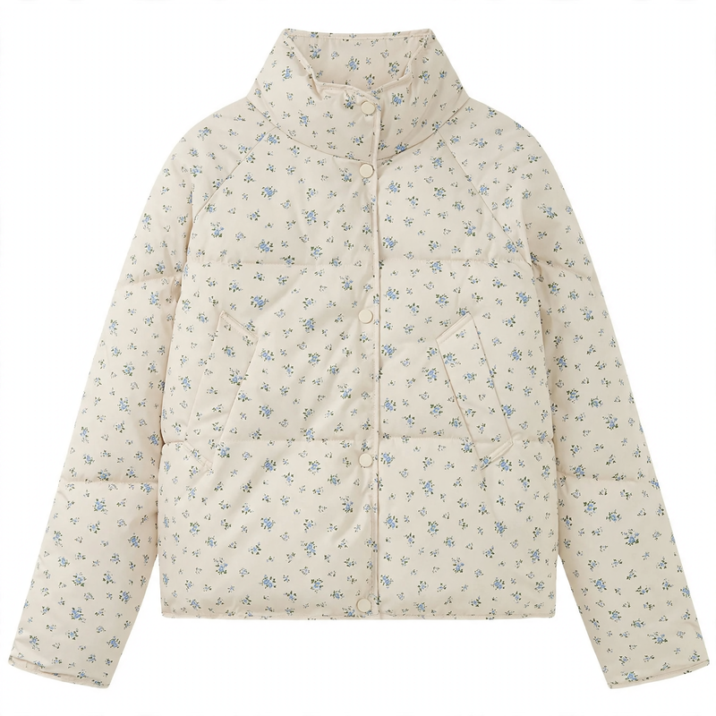 Short women's quilted jacket with floral pattern, oversized cut