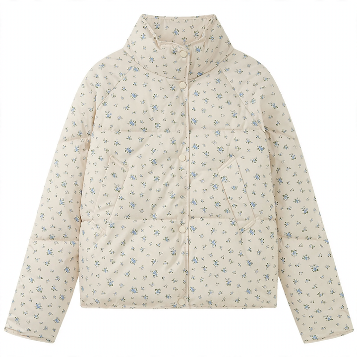 Short women's quilted jacket with floral pattern, oversized cut