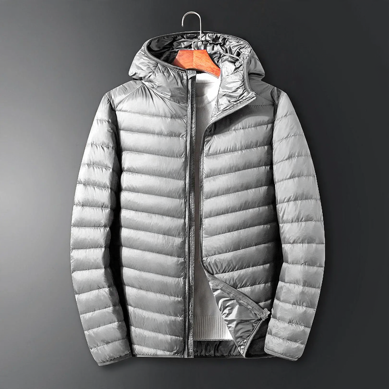 Light men's down jacket with hood, white duck down lining