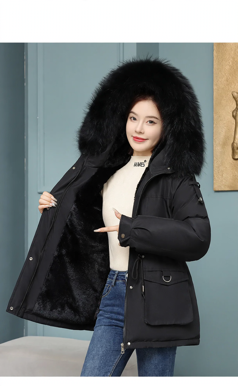 Loose women's parka with faux fur collar