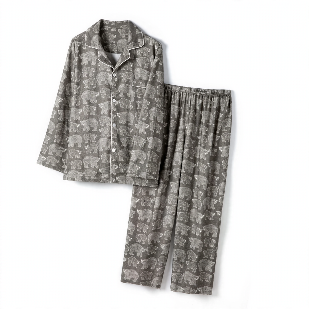 Bear Print Flannel Loungewear Set for Couples, Cotton