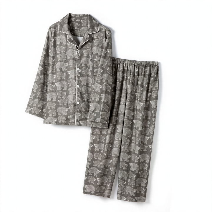 Bear Print Flannel Loungewear Set for Couples, Cotton