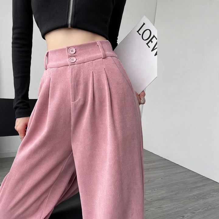 Chenille fabric trousers with high waist, straight cut