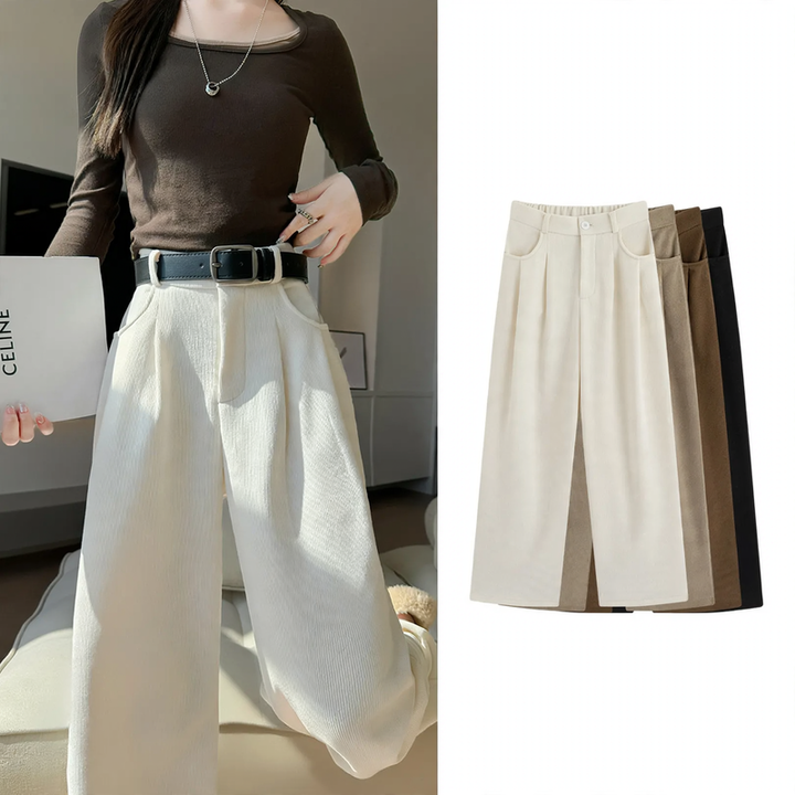 Cord Wide Trousers for Women, High Waist, Straight Fit