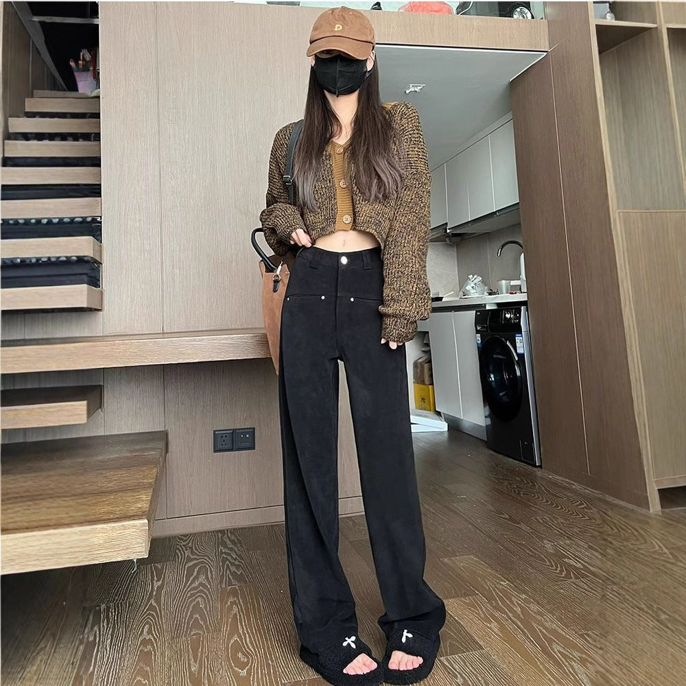 Black women's corduroy pants, high waist