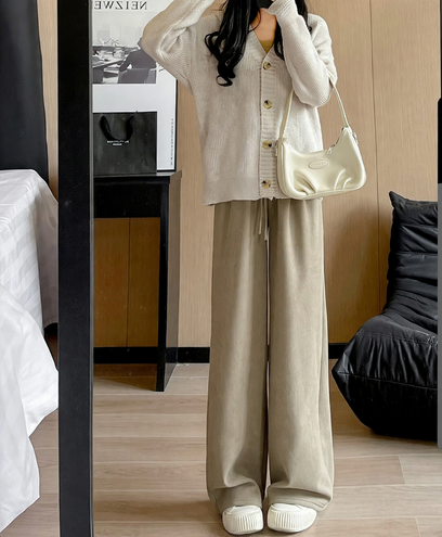 Padded cord wide pants with lamb fleece imitation